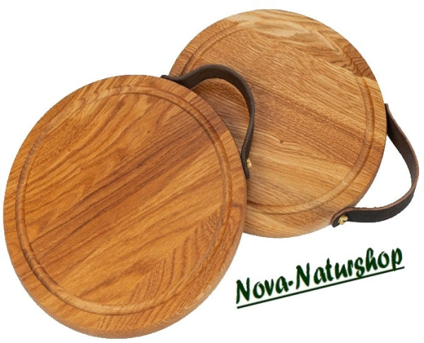 Schneidebrett „Eiche“ mit Ledergriff – rundes Holzbrett mit Saftrille im 2er Set