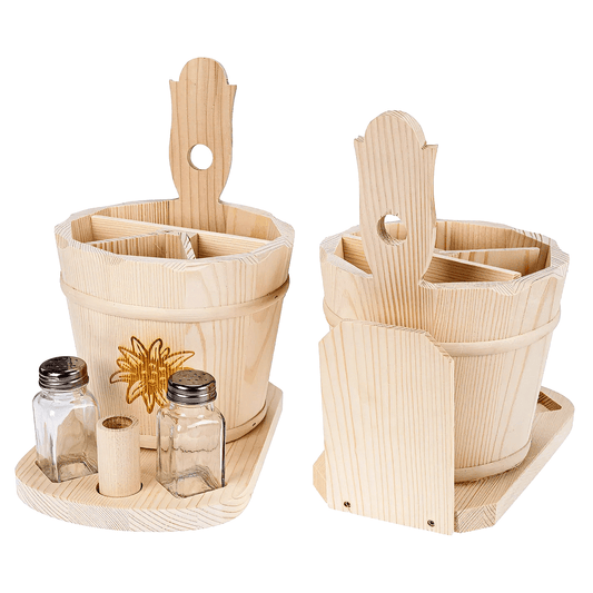 Besteckkorb " Edelweiß " Tisch Besteckfass mit Untersatz und Gläschen