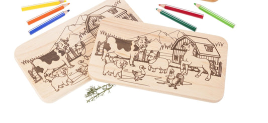 Frühstücksbrett Holz für Kinder | Bauernhof-Motiv | Ahornholz | Geschenk für Tierfreunde 2 Stück