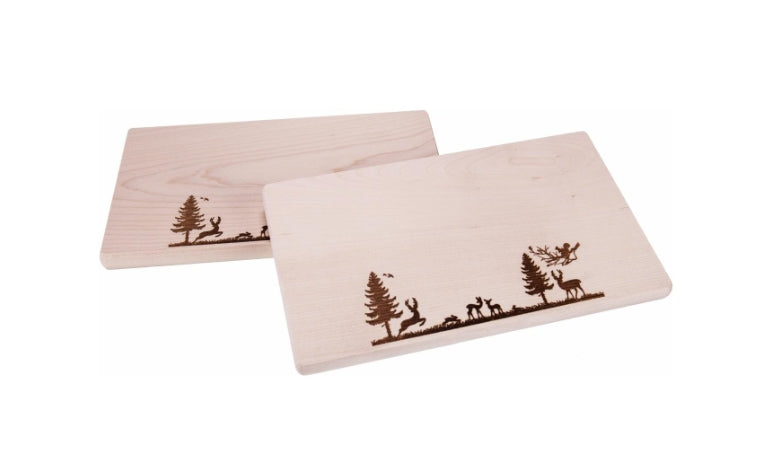 Schneidebrett „Tiere im Wald “ aus Ahornholz mit Branddruck – 26 × 15 cm