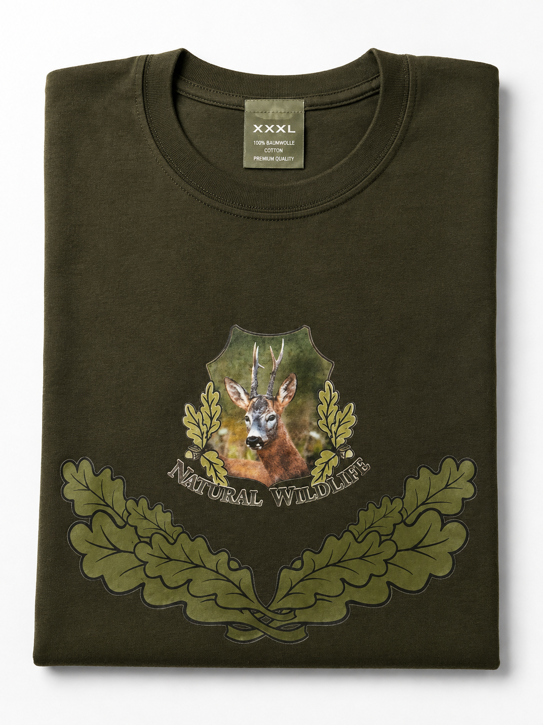 Jäger T-Shirt „Vintage“ mit Rehbock-Motiv – Oliv
