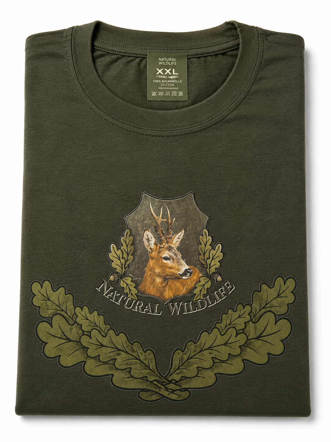 Jäger T-Shirt „Vintage“ mit Rehbock-Motiv – Oliv