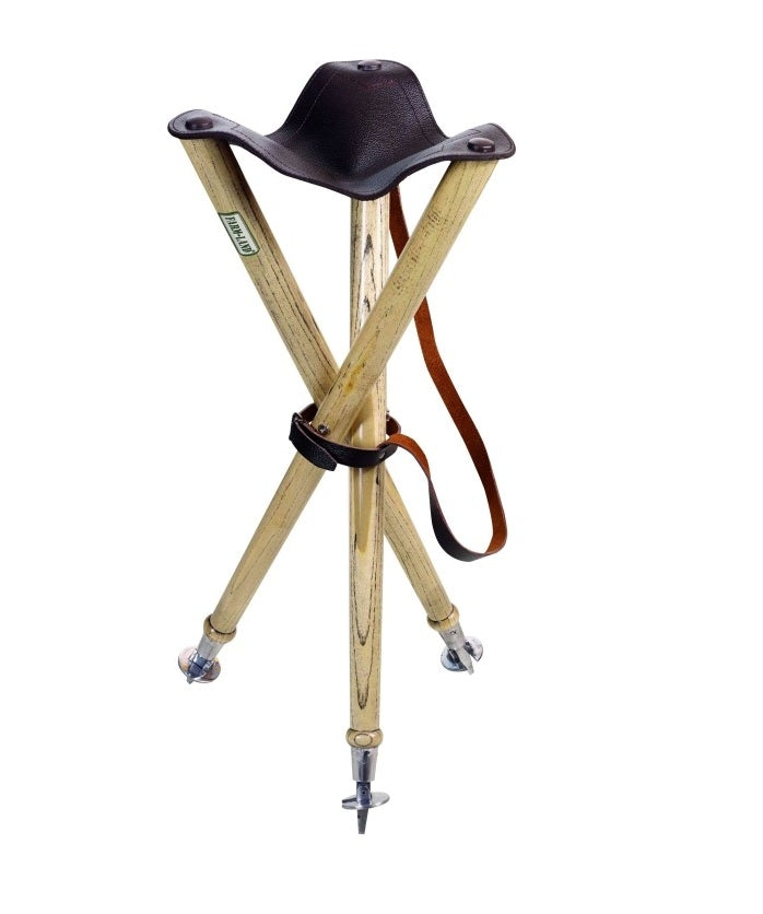 Dreibein Luxus Natur – Outdoor & Ansitzhocker aus Holz und Leder