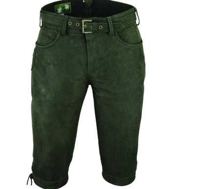 Jäger Kniebund-Lederhose „Edwin“ aus Nubukleder – Grün inkl. Ledergürtel