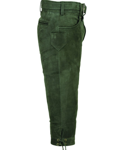 Jäger Kniebund-Lederhose „Edwin“ aus Nubukleder – Grün inkl. Ledergürtel