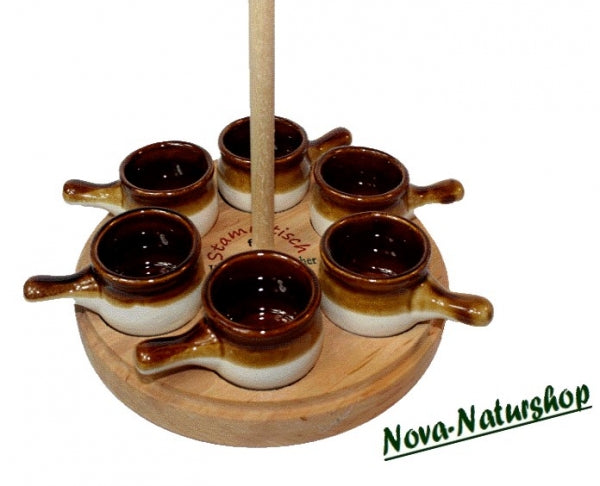 Schnaps-Tablett mit 6 Keramik-Pfännchen – Stammtisch Set aus Massivholz