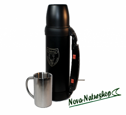 Jagd Thermokanne Hubertus – 1L Isolierkanne mit 2 Bechern, Klappgriff & Tragegurt