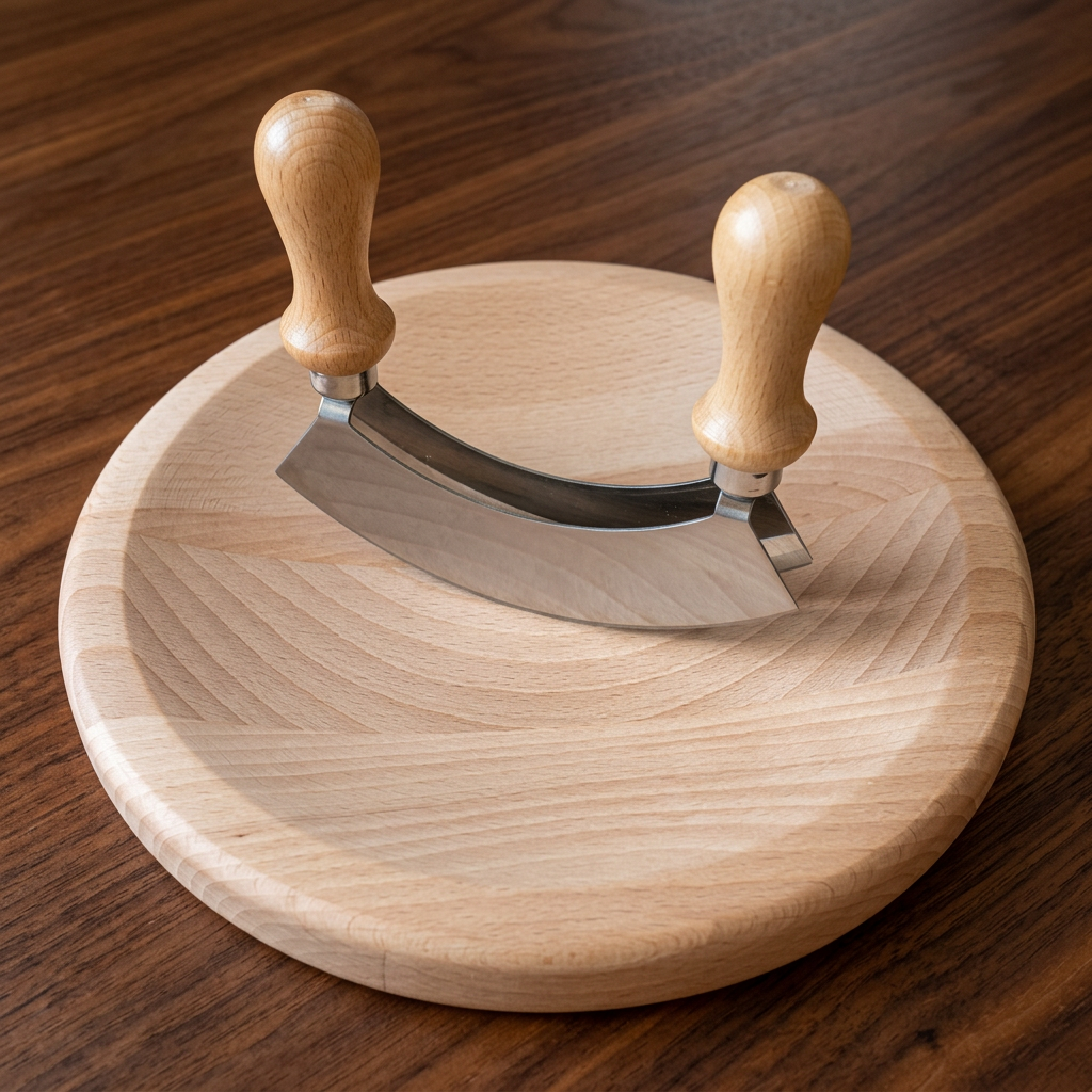 Schneidebrett mit Wiegemesser , Zweischneidiges Wiegemesser, Kräutermesser