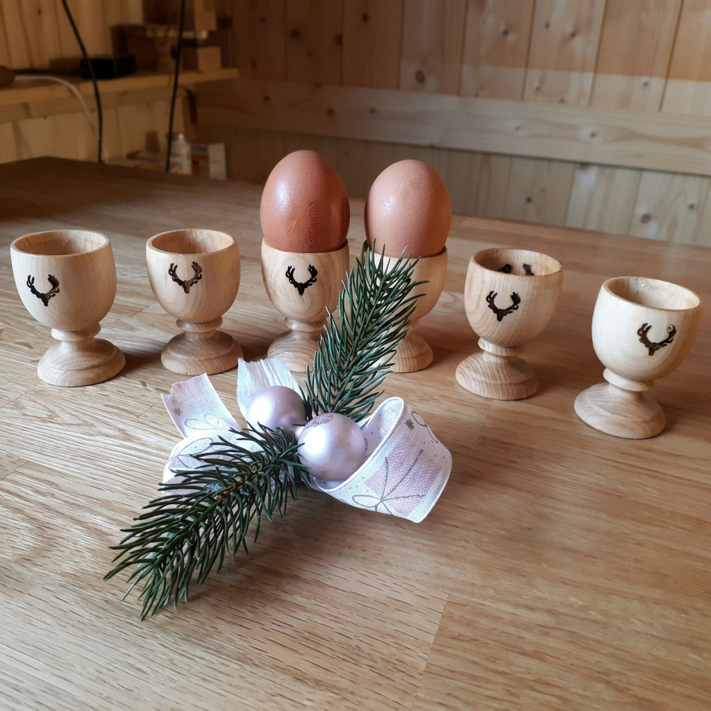 Eierbecher Hirschgeweih aus Ahornholz – 4er Set, handgedrechselt & graviert