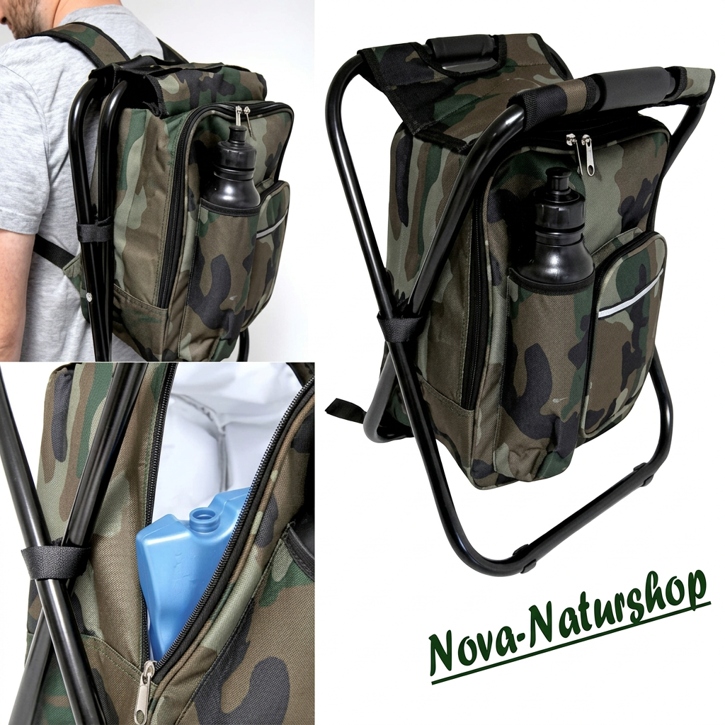 Rucksackstuhl Camouflage – faltbarer Sitzrucksack für Jagd & Angeln (120 kg belastbar)