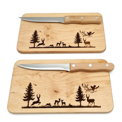 Schneidebrett „Tiere im Wald“ aus Erlenholz mit Jausenmesser – 2er Set | Brotzeitbrett mit Waldtier-Motiv