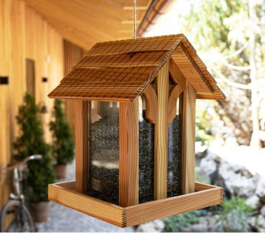 Vogel-Futterhaus „Lärche“ aus Holz – Premium Vogelhaus mit Glasfenster