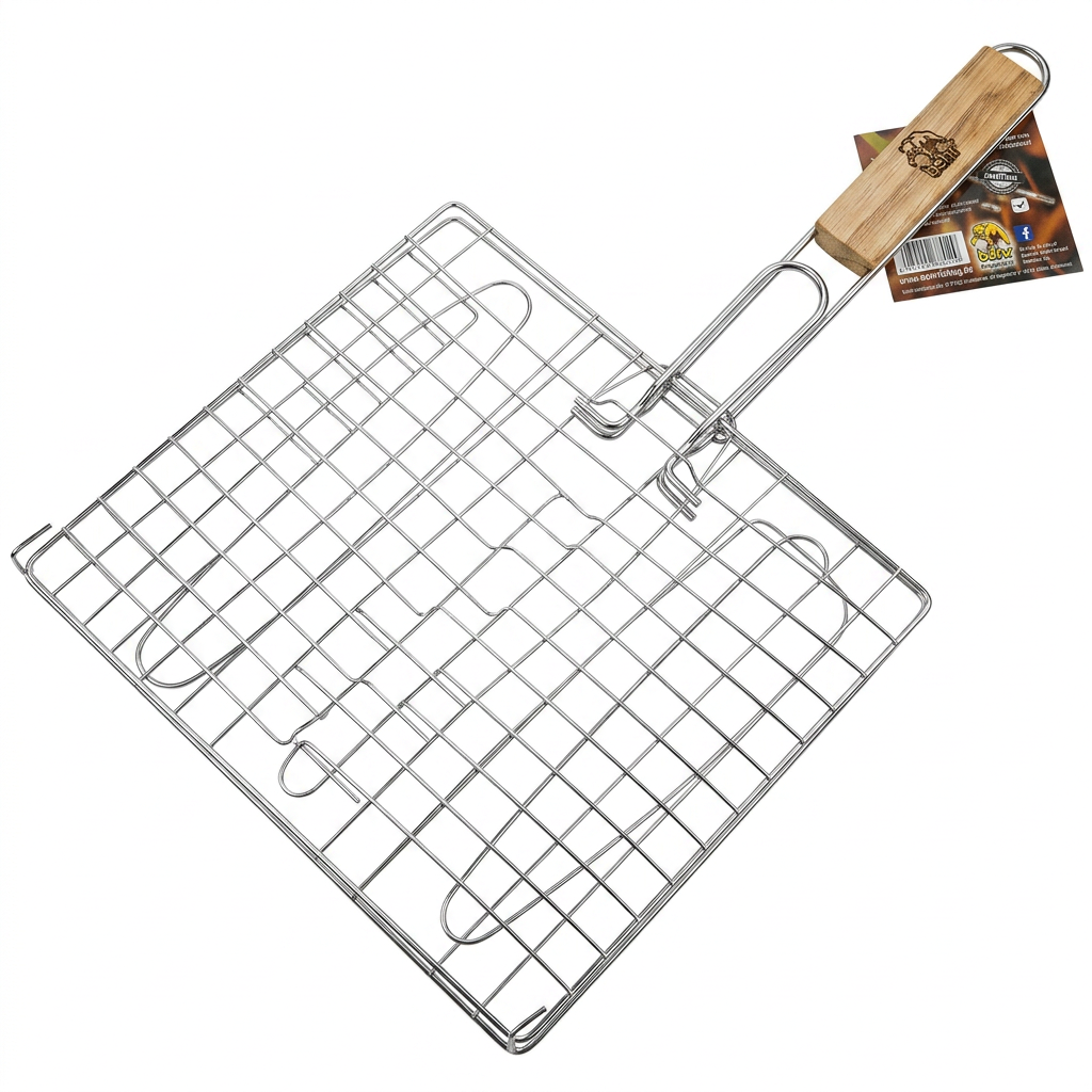 Kompakter Dreifach-Fischgriller XXL aus Edelstahl – Grillkorb für 3 Fische mit Holzgriff | Für Grill & Backofen