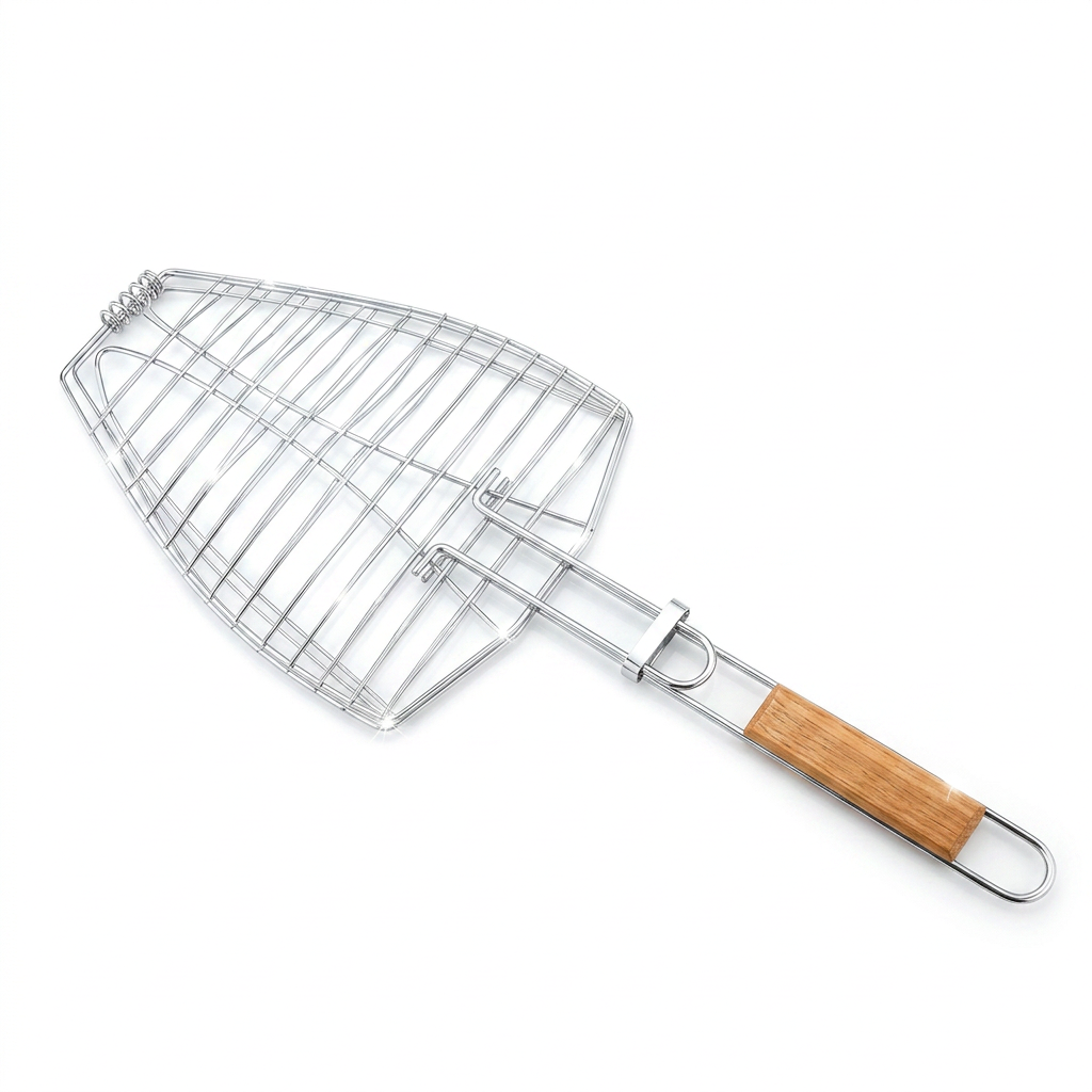 Fisch Doppelgriller aus Edelstahl mit Holzgriff – Grillkorb für 2 Fische