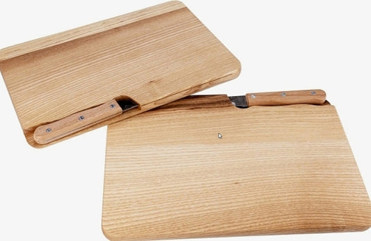 Schneide-Messerbrett „Eschenholz“ – rustikales Holzbrett mit Messer für Küche & Outdoor