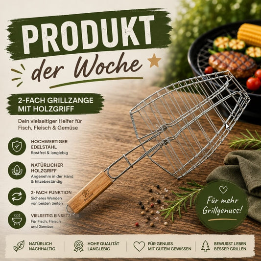 2-fach Grillzange mit Holzgriff – Edelstahl Grillzange für Fisch, Fleisch & Gemüse