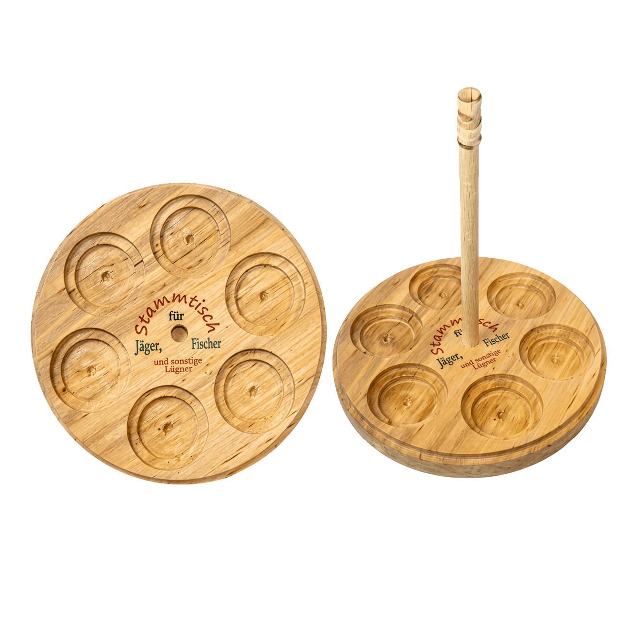 Schnaps-Tablett mit 6 Keramik-Pfännchen – Stammtisch Set aus Massivholz