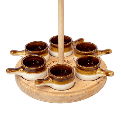 Schnaps-Tablett mit 6 Keramik-Pfännchen – Stammtisch Set aus Massivholz