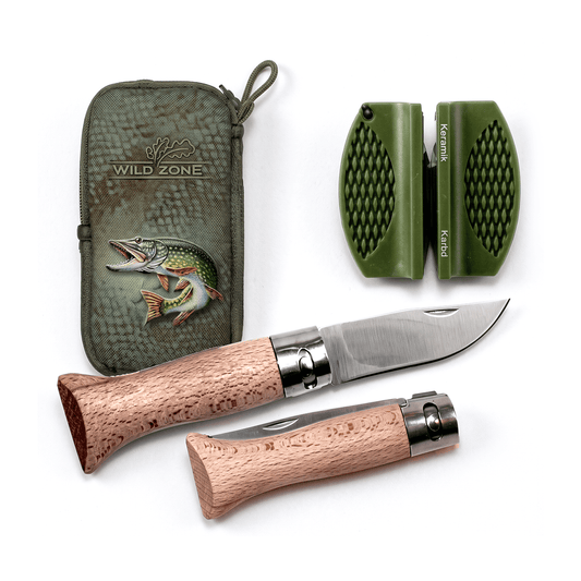 Angler Set mit bayerischem Taschenmesser – Feitel mit Gürteltasche & Messerschärfer, Hecht oder Zander