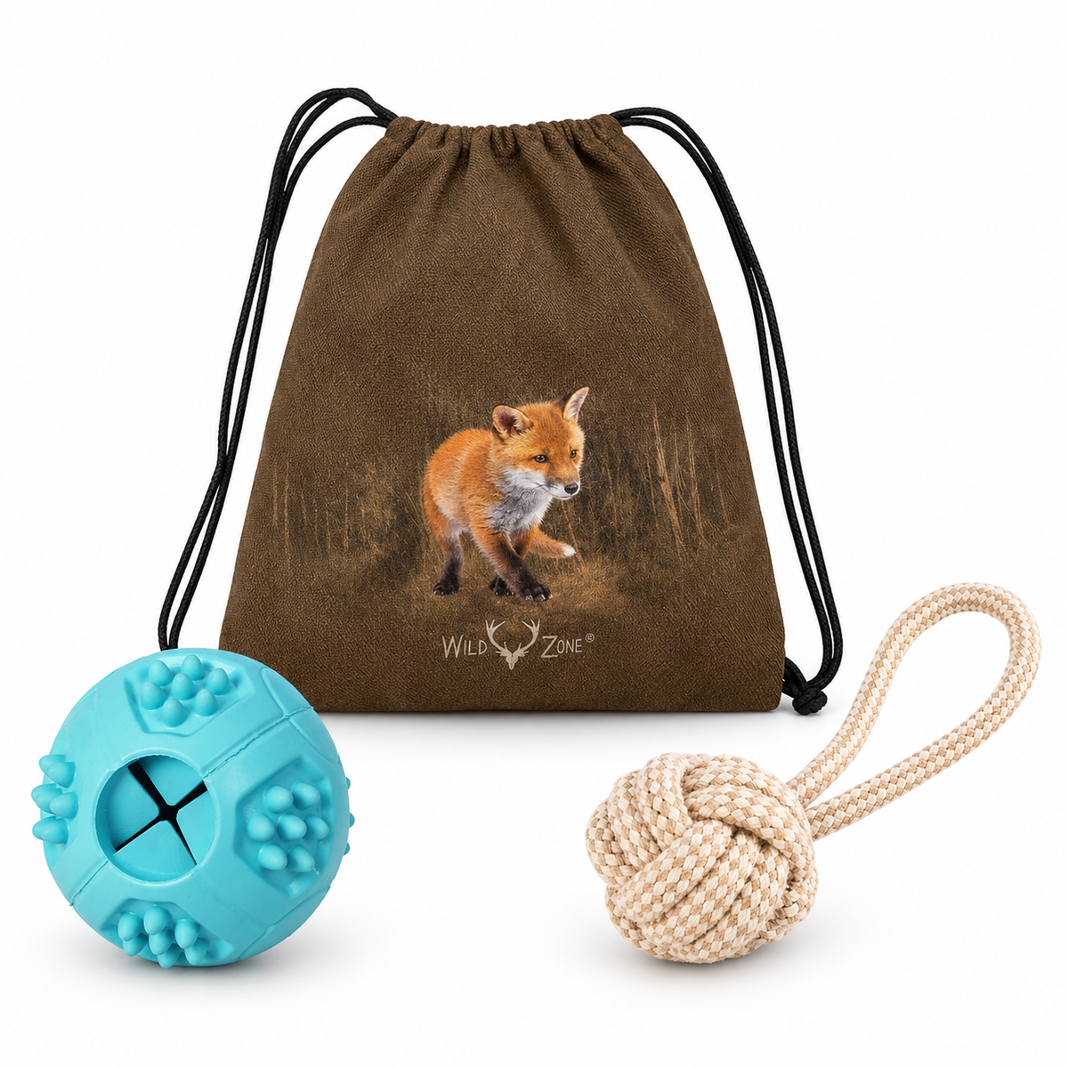 Welpen- und Junghund-Spielzeug-Set 6-teilig mit Fuchs-Rucksackbeutel