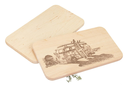 Schneidebrett „Camperbus & Surfer“ aus Erlenholz – 22,5 × 12,5 cm , 2 Stück